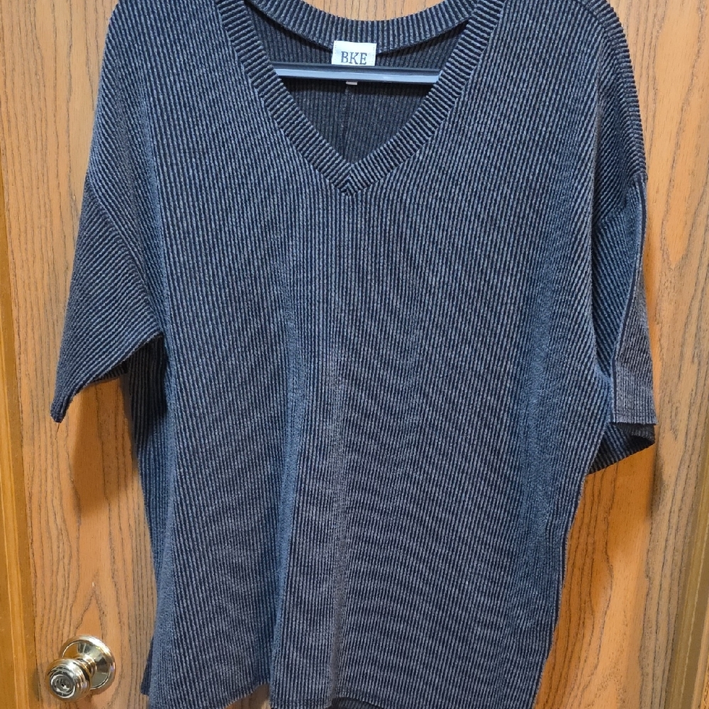 BKE Navy and White Striped V-Neck Top